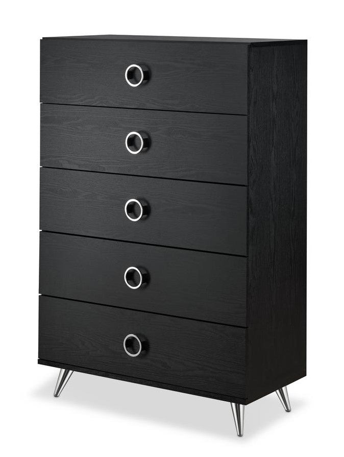 Elms Black Wood Chest with 5 Drawers