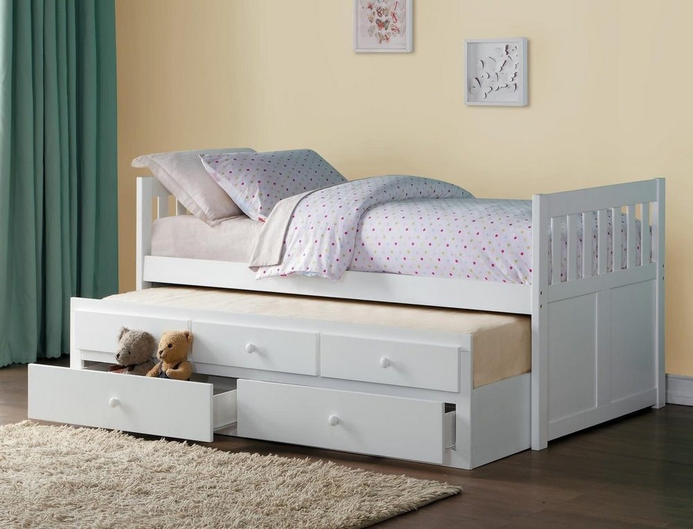 Galen White Twin Bed with Trundle & Storage