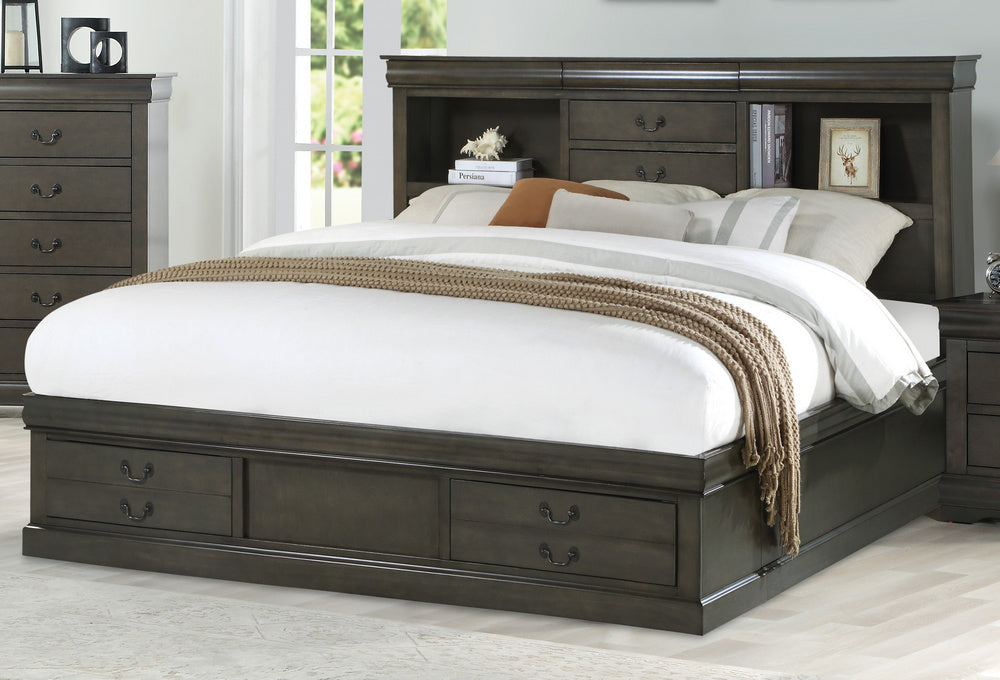 Louis Philippe III Dark Gray Wood King Bookcase Storage Bed