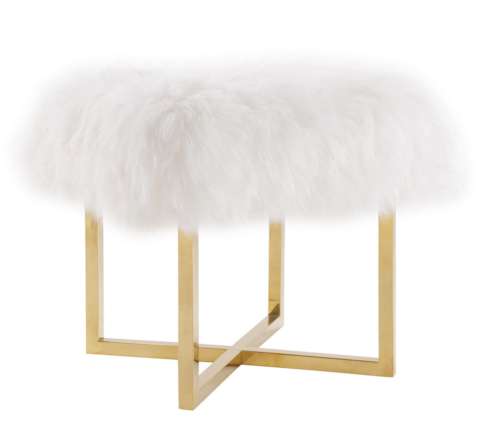 Nomo White Sheepskin Seat Bench with Gold Metal Base