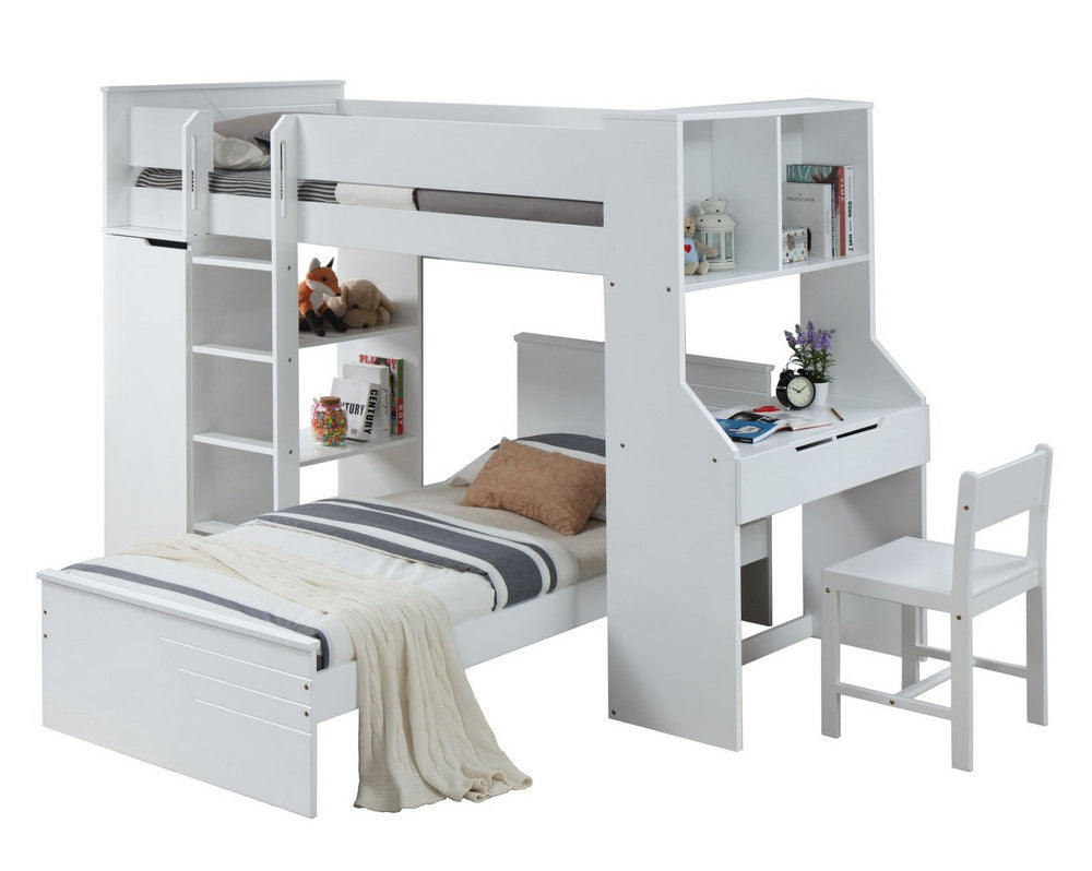 Ragna White Wood Twin Loft Bed with Twin Bed & Study Chair