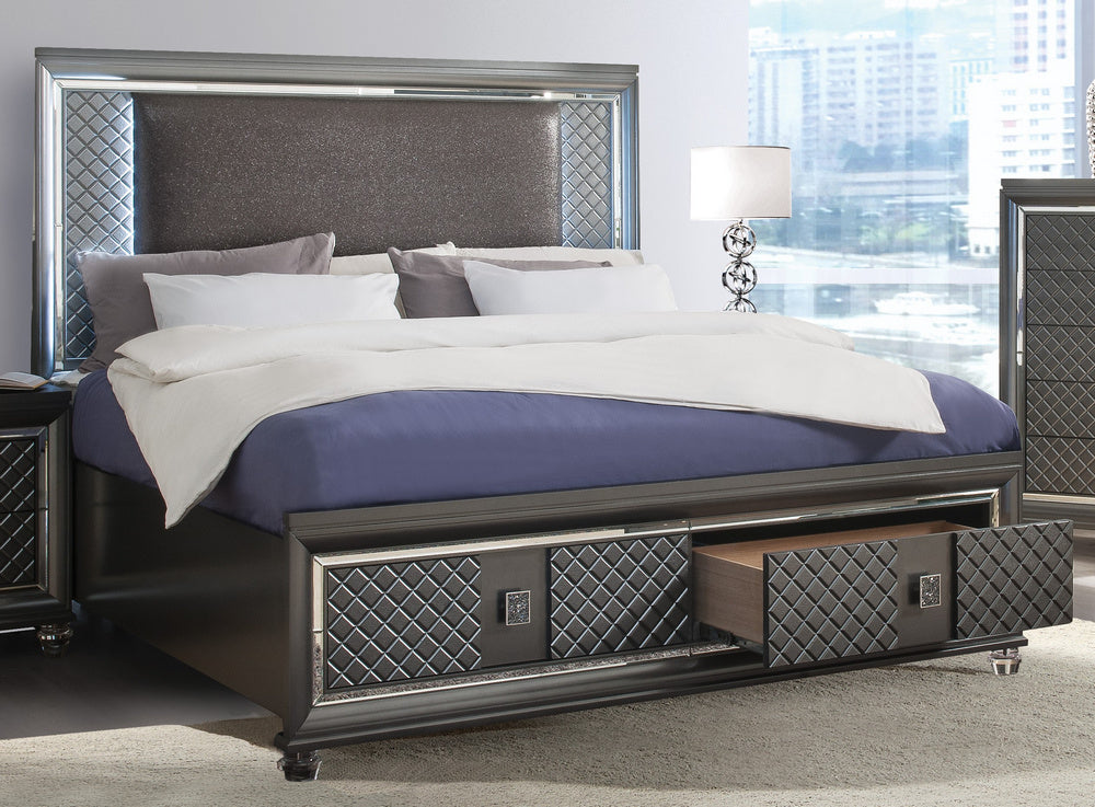 Sawyer Metallic Gray Wood King Bed with LED & Storage