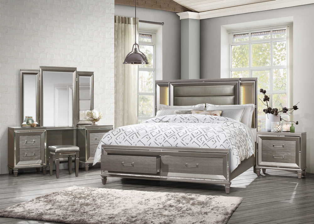 Tamsin Silver-Grey Metallic Wood King Bed with Storage