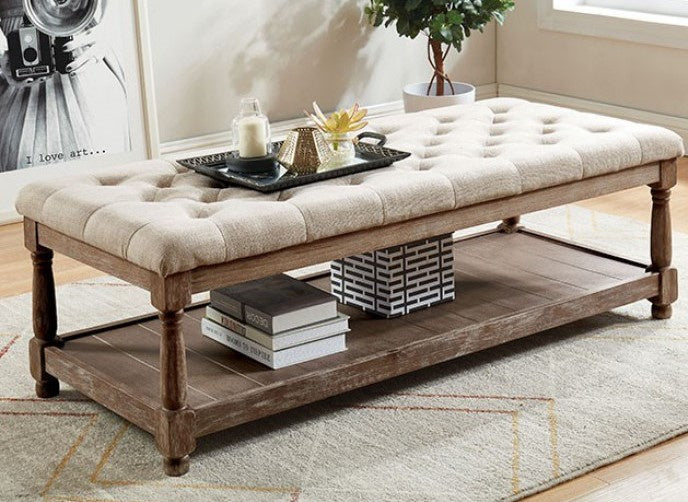 Tanya Beige Linen/Antique Brown Wood Bench