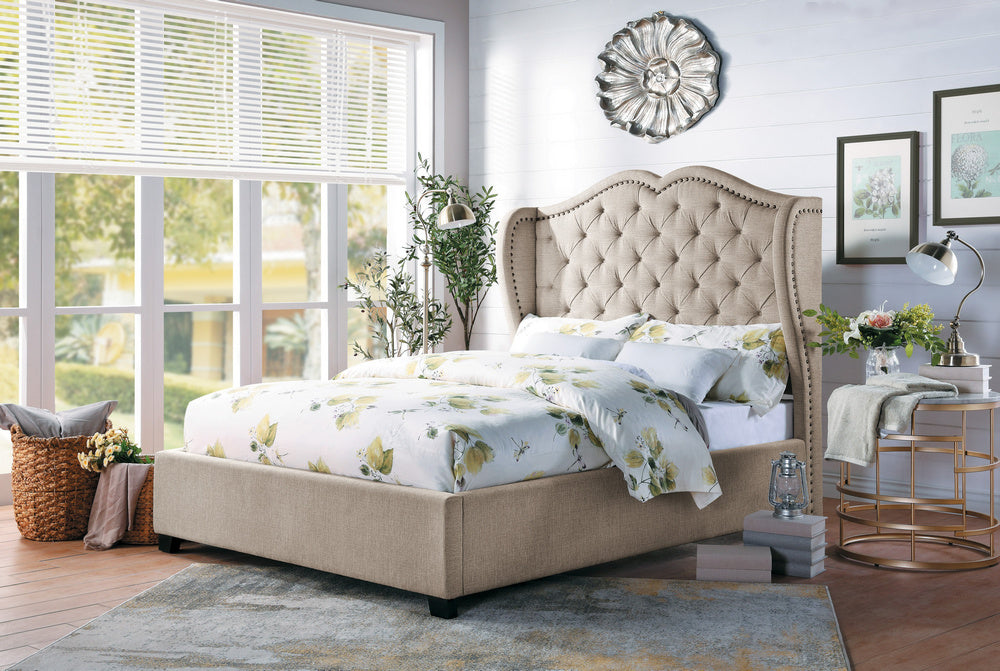 Waterlyn Neutral Tone Fabric King Bed with Nailheads