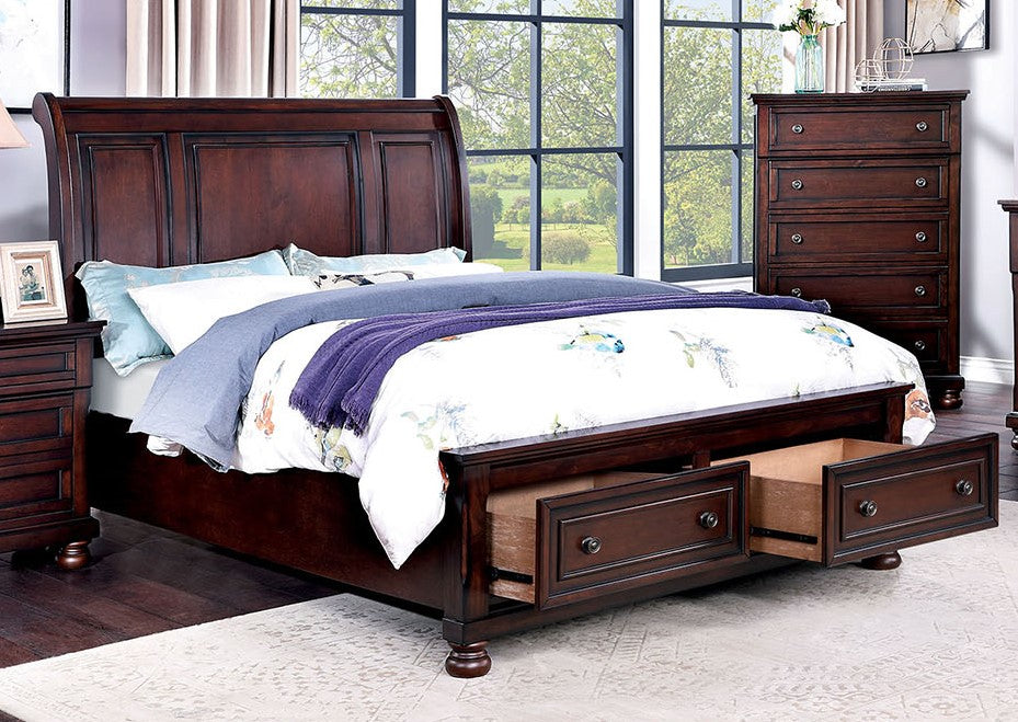 Wells Dark Cherry Wood Queen Bed with Storage