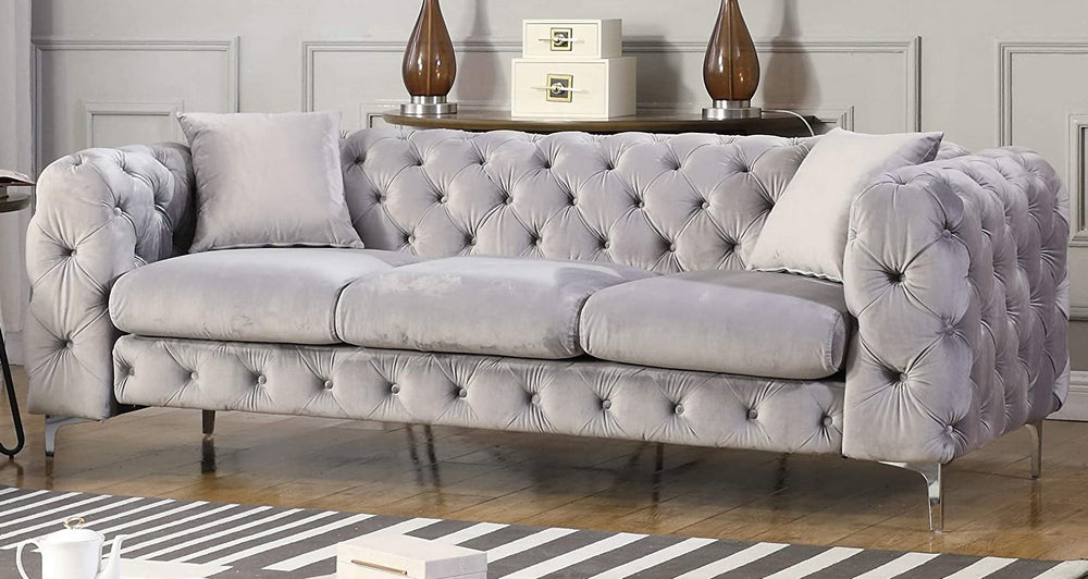 Felicity Grey Velvet Button Tufted Sofa