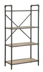 Itzel Antique Oak Wood/Sandy Gray Metal Bookshelf with 4 Shelves