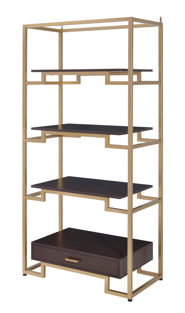 Yumia Gold Finish Metal/Clear Glass Bookshelf with Drawer