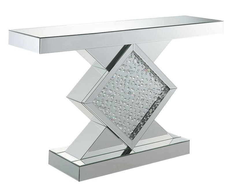 Nysa Mirrored Console Table with Rhombus Pedestal Base