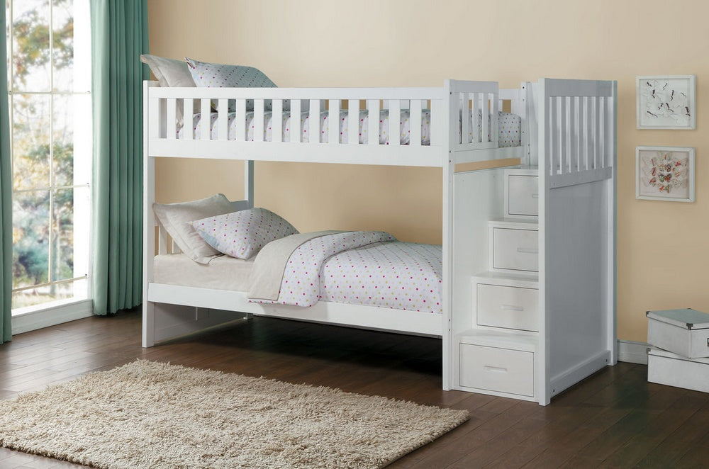 Galen White Wood Twin/Twin Bunk Bed with Step Storage