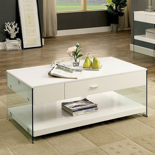 Raya White Tempered Glass/Wood Coffee Table