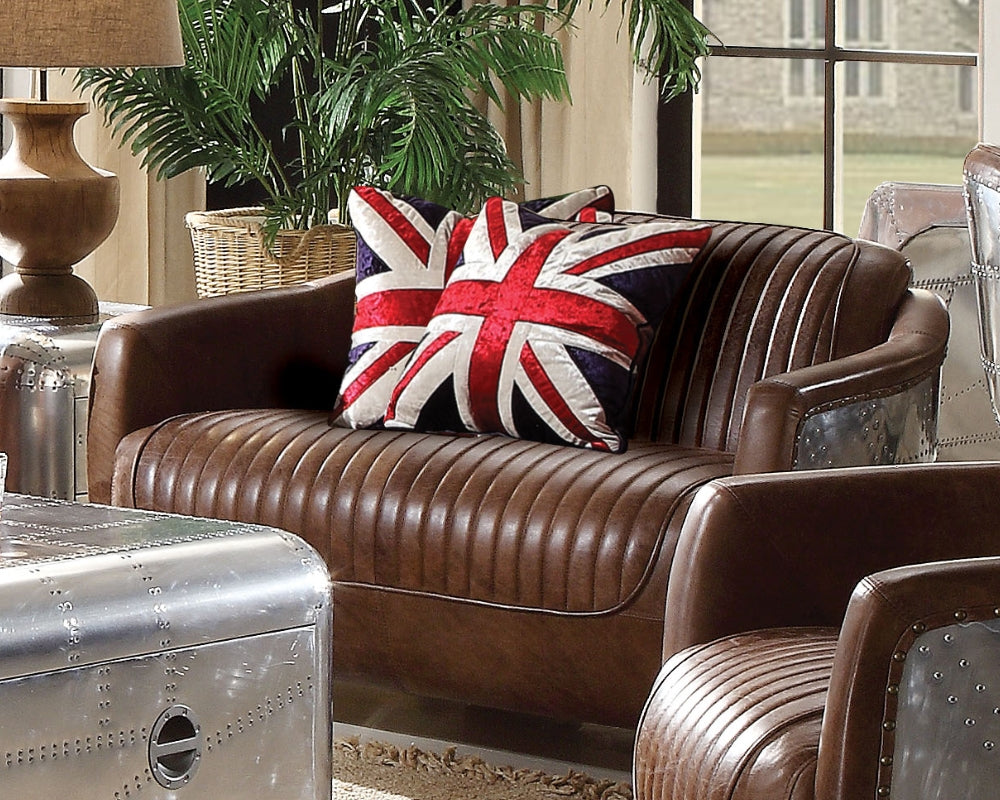 Brancaster Modern Retro Brown Leather/Aluminum Loveseat