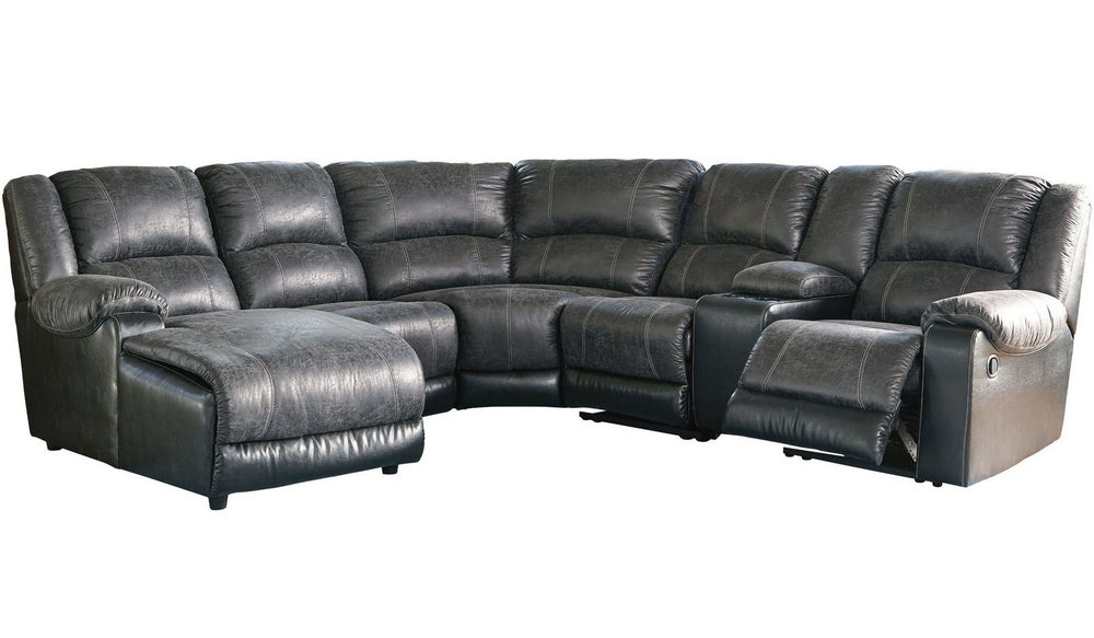 Nantahala 6-Pc Slate Faux Leather Manual Recliner LAF Sectional Sofa with 2 Armless Chairs