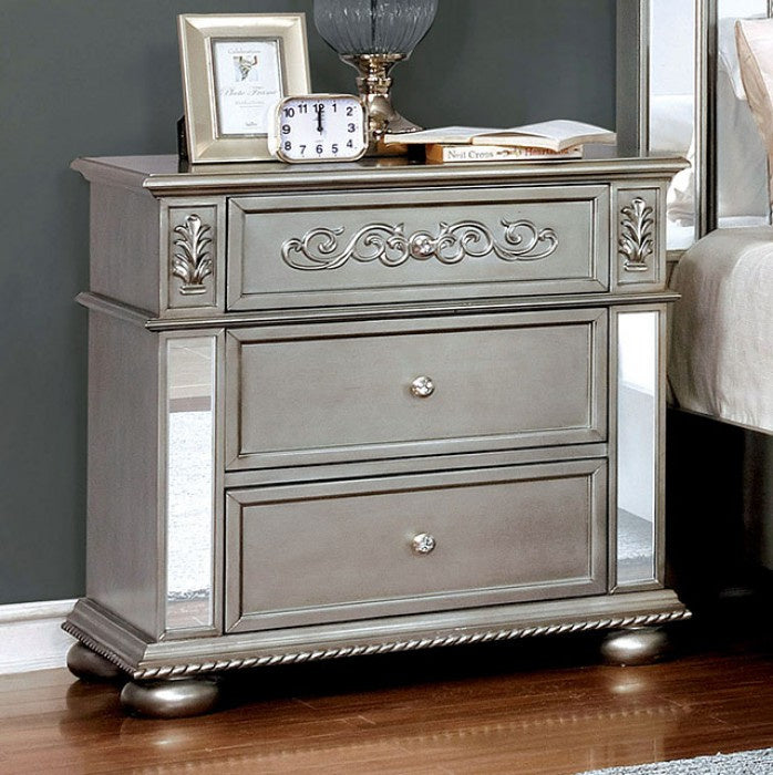 Azha Glam Silver Wood 3-Drawer Nightstand