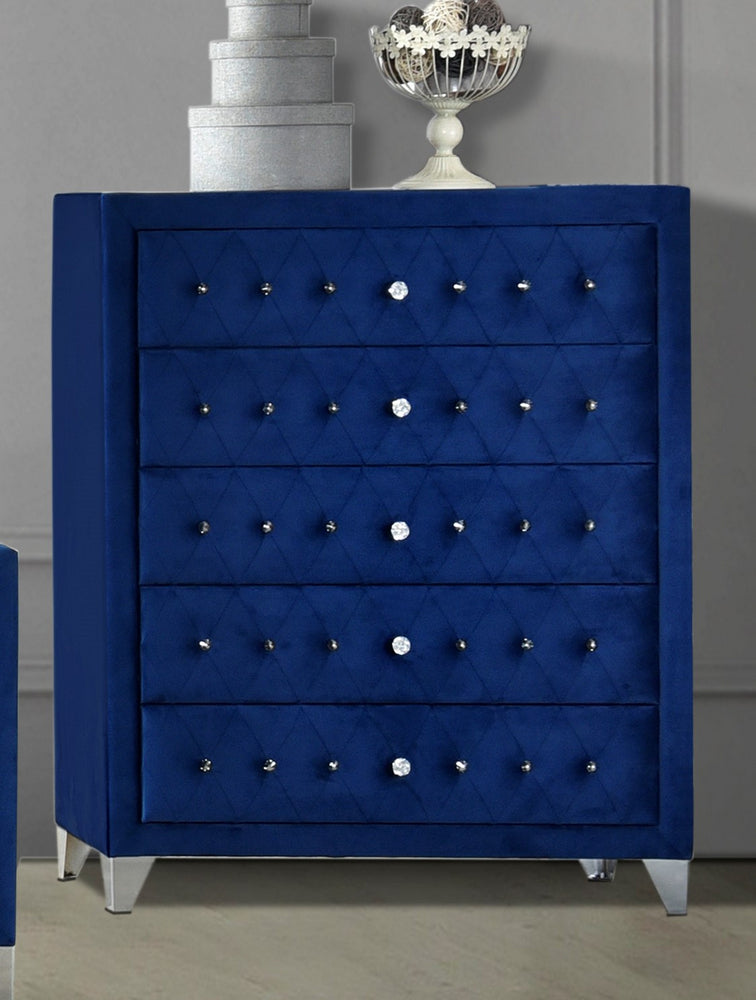 Dante Blue Velvet Upholstered 5-Drawer Chest