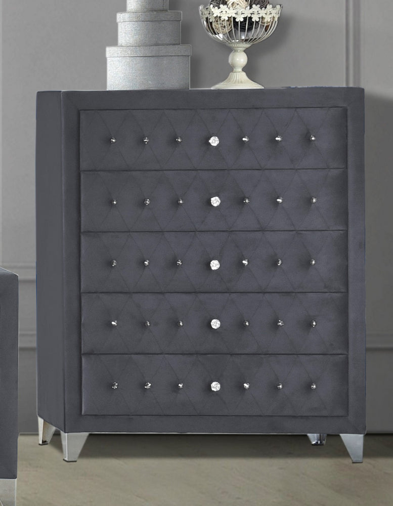 Dante Gray Velvet Upholstered 5-Drawer Chest