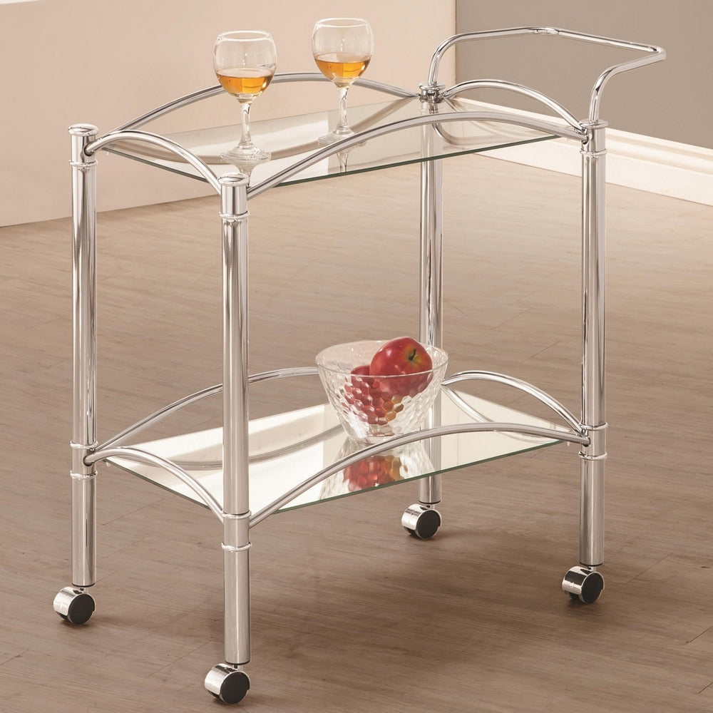 Priya Chrome Metal Server with Clear Glass Shelves