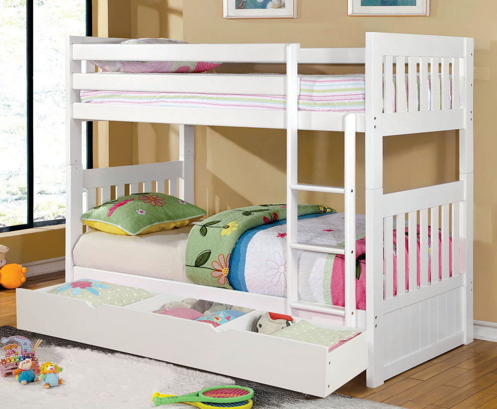 Canberra-II White Wood Twin Bunk Bed w/Trundle
