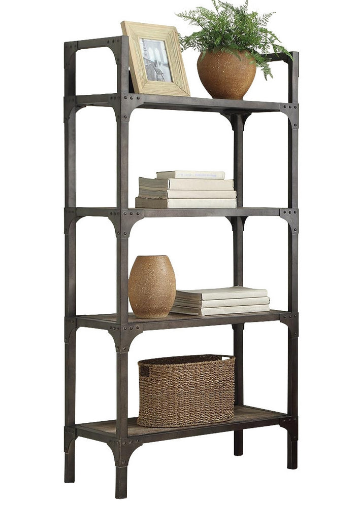 Gorden Weathered Oak Wood/Antique Silver Metal Bookcase