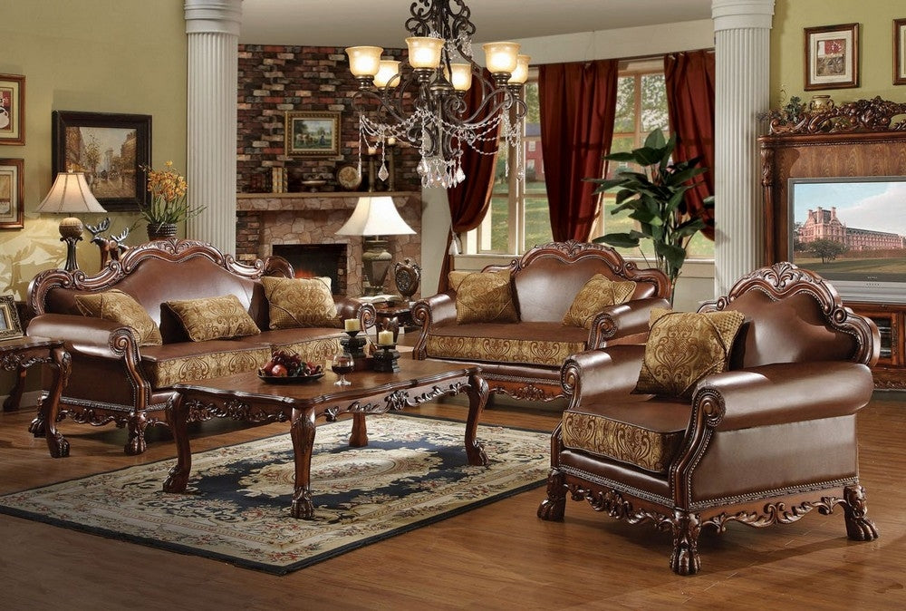 Dresden 3-Pc Brown PU Leather/Chenille/Cherry Oak Sofa Set