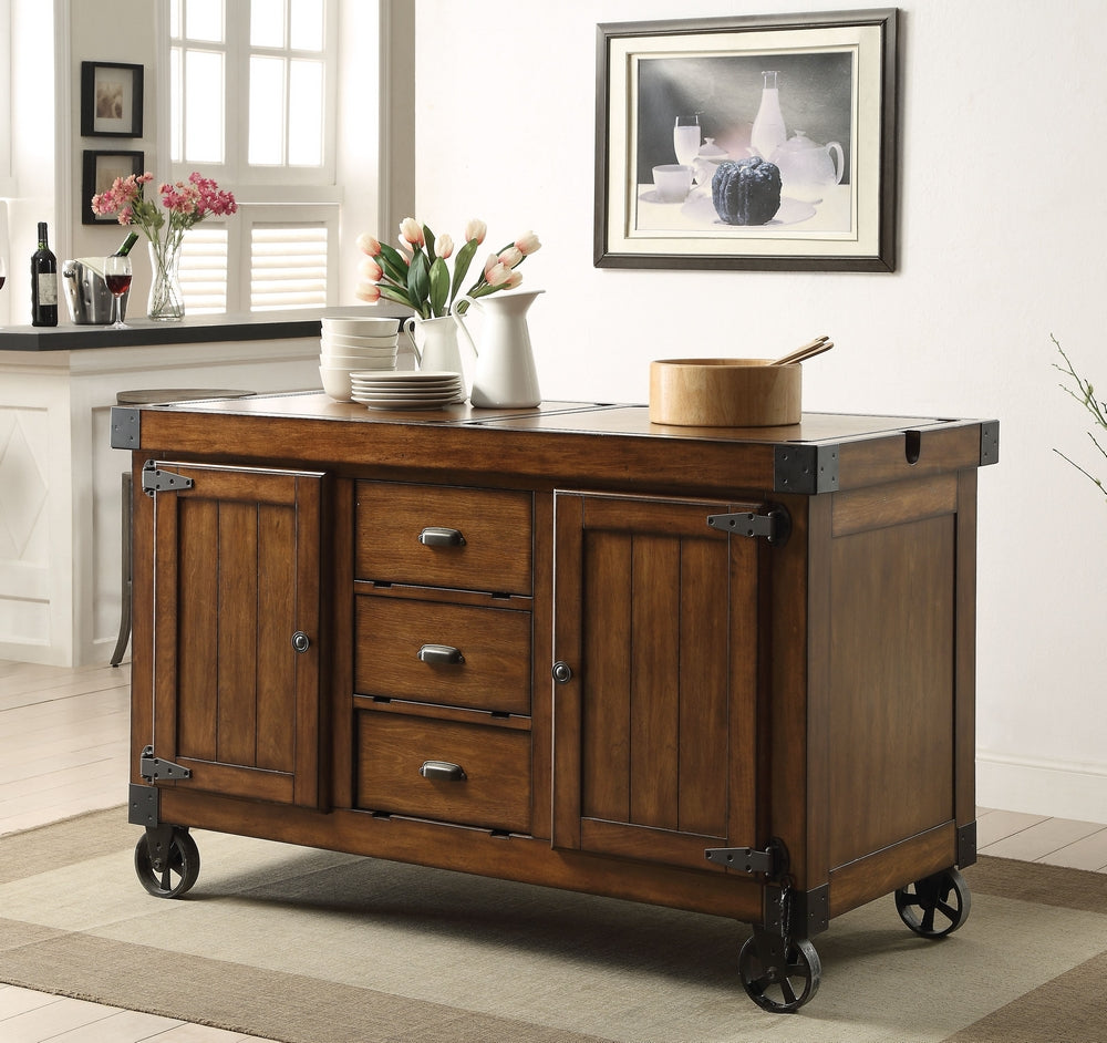 Kabili Antique Brown Wood Kitchen Cart with 2 Doors & 3 Drawers