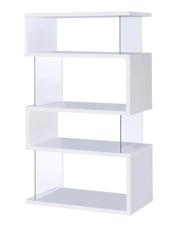 Ignacia White Wood Bookcase with Clear Glass Side Panels