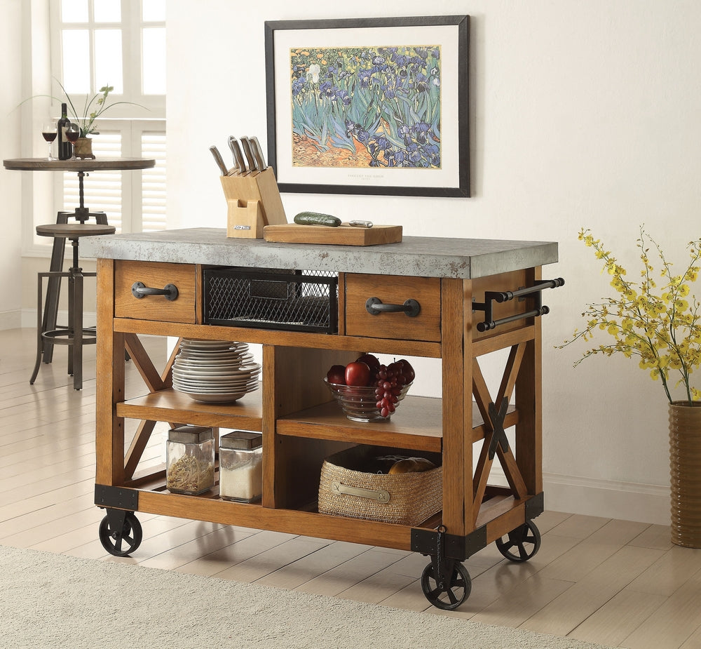 Kailey Antique Oak Kitchen Cart with 2 Drawers & Metal Basket