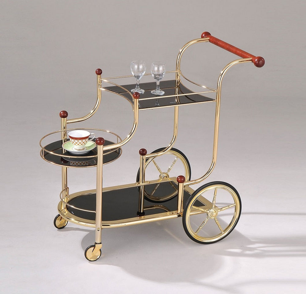 Lacy Golden Plated Metal/Black Glass/Cherry Wood Serving Cart