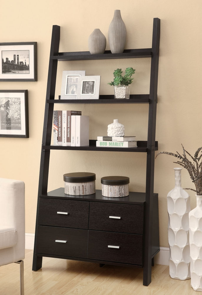 Colella Cappuccino Wood Ladder Bookcase with 4 Drawers