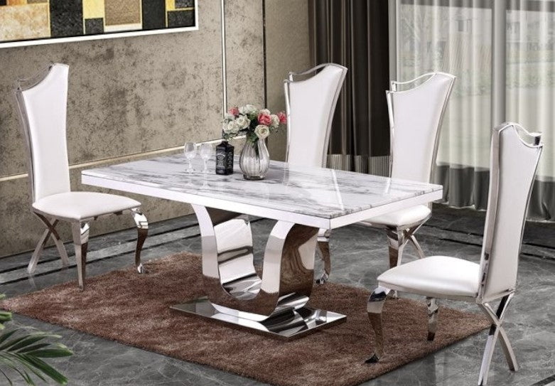 Bellamy 5-Pc White Marble/White Faux Leather Dining Table Set