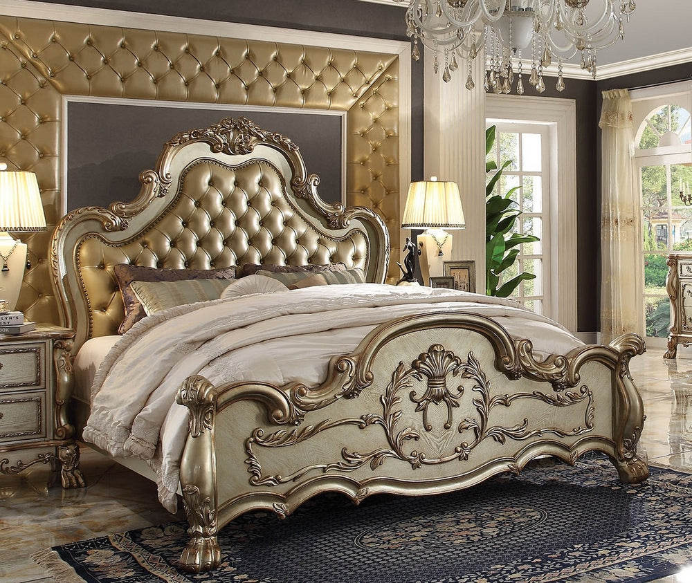 Dresden Bone PU Leather/Gold Patina Cal King Bed (Oversized)
