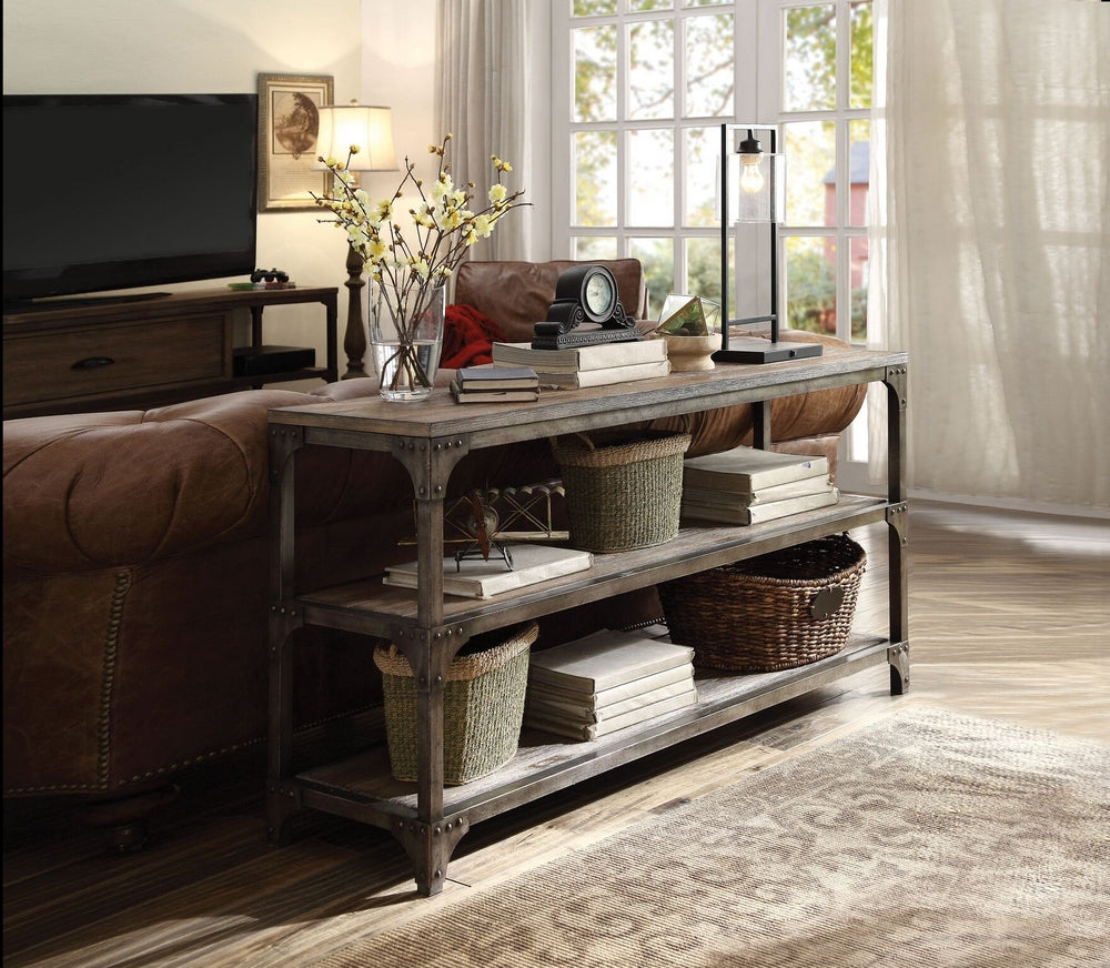 Gorden Weathered Oak & Antique Silver Metal/Wood Console Table