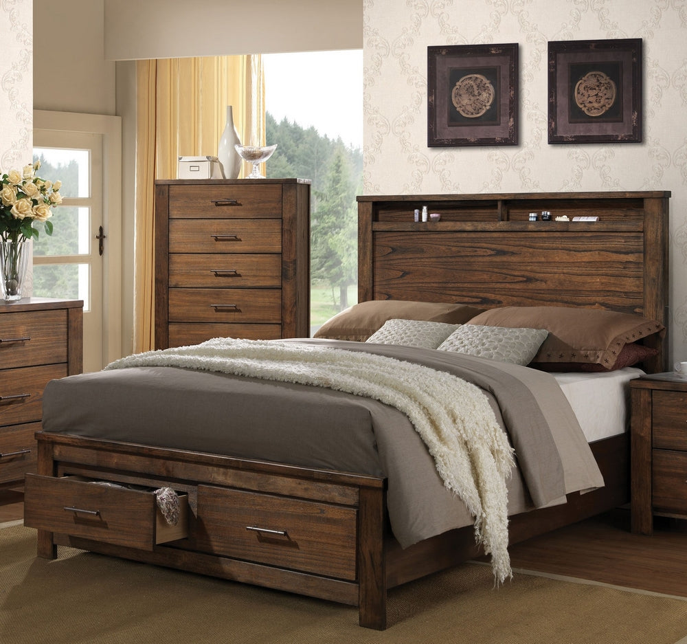 Merrilee Oak Wood King Bed with Storage