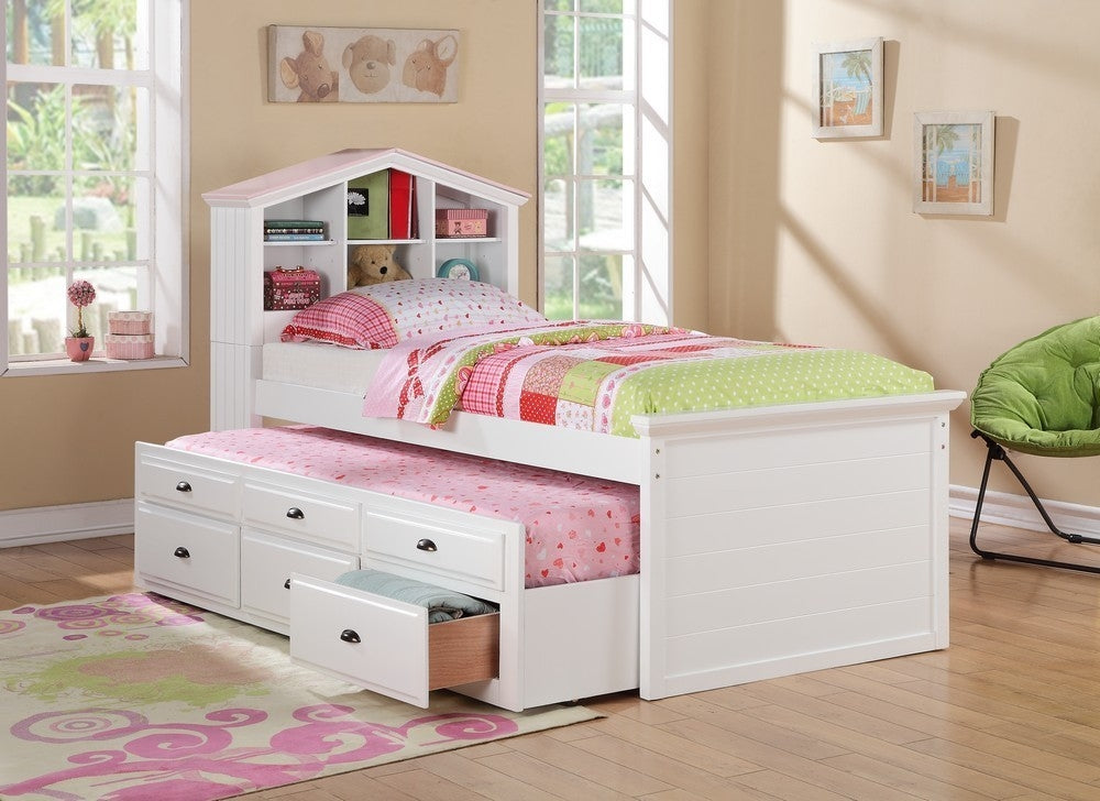 Meara White Wood Twin Bed w/Bookcase Headboard & Trundle