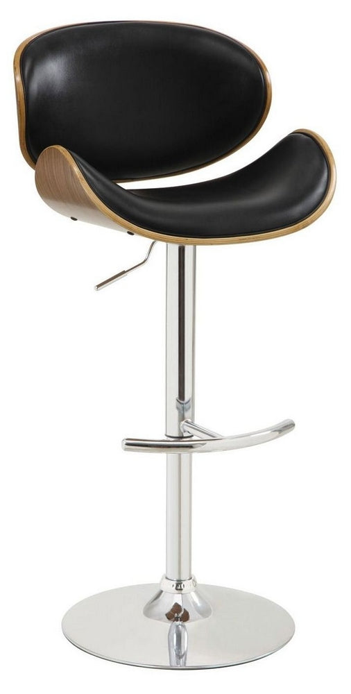 Yan Silver Metal Bar Stool with Black Leather Covered Seat