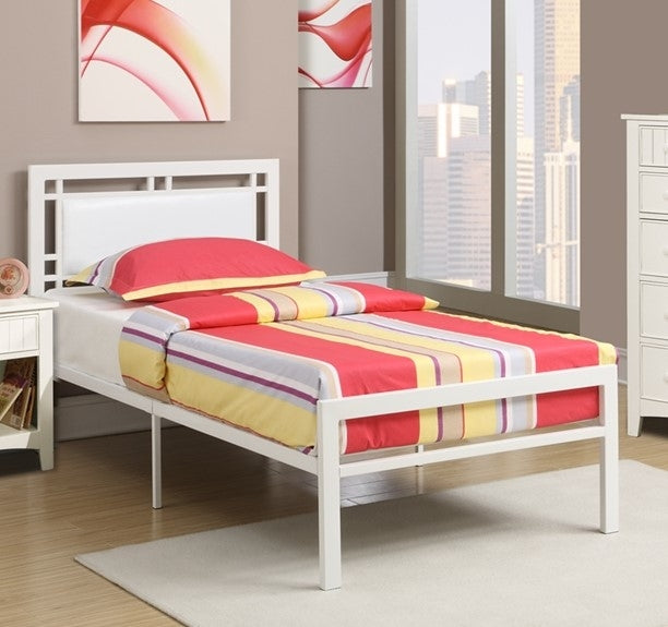Imelda White Metal Twin Bed with Faux Leather Headboard