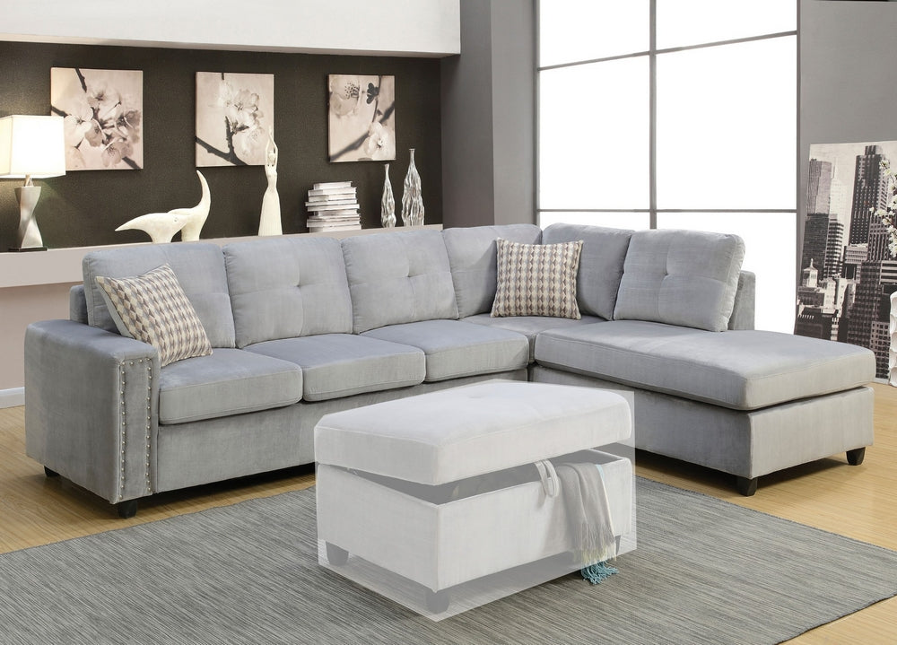 Belville Gray Velvet Reversible Sectional Sofa with Pillows