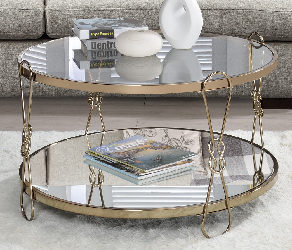 Zekera Champagne Metal Coffee Table with Mirrored Top & Shelf