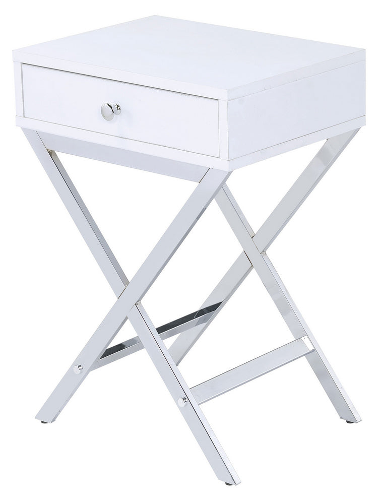 Coleen White Wood/Chrome Metal Side Table with Drawer