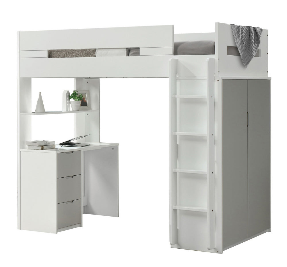 Nerice White/Gray Wood Twin Loft Bed with Desk & Wardrobe