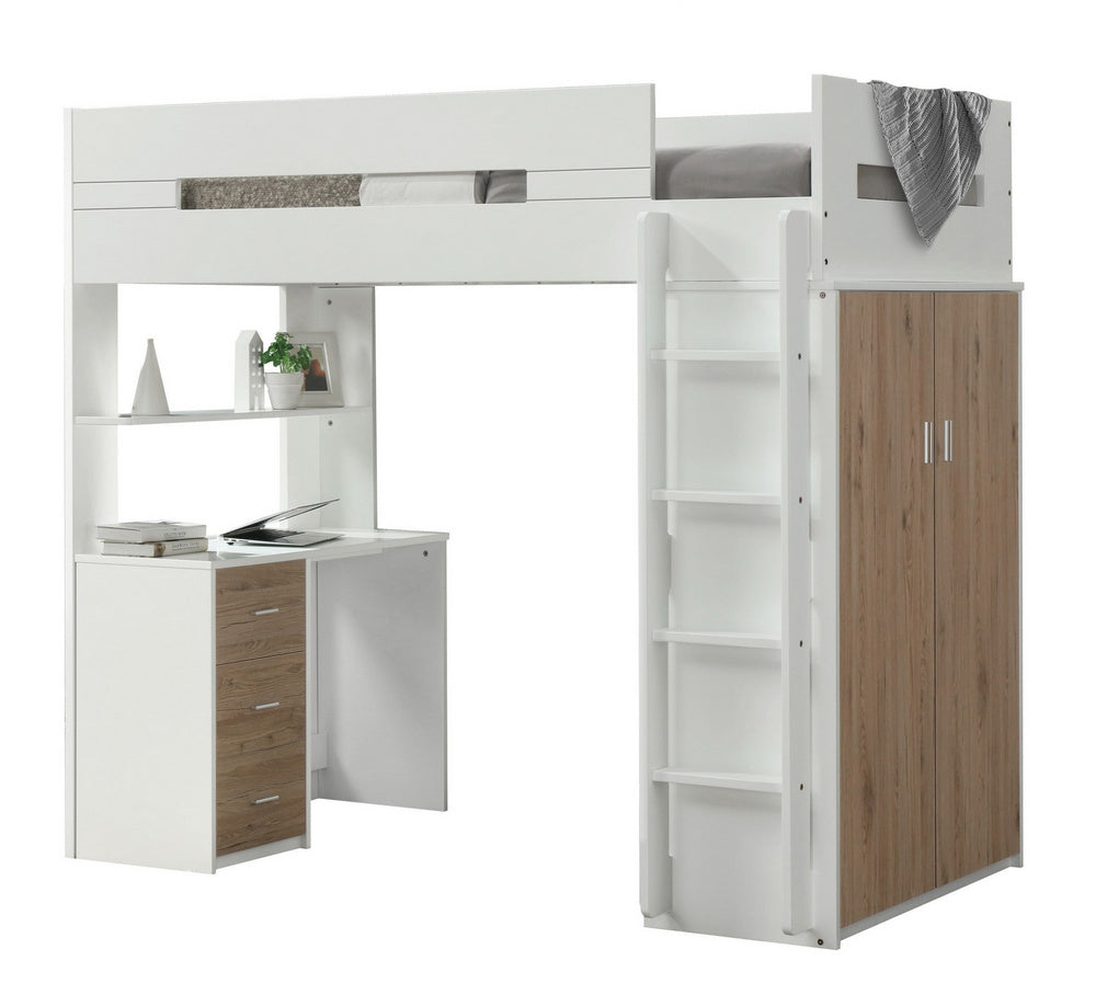 Nerice White/Oak Wood Twin Loft Bed with Desk & Wardrobe