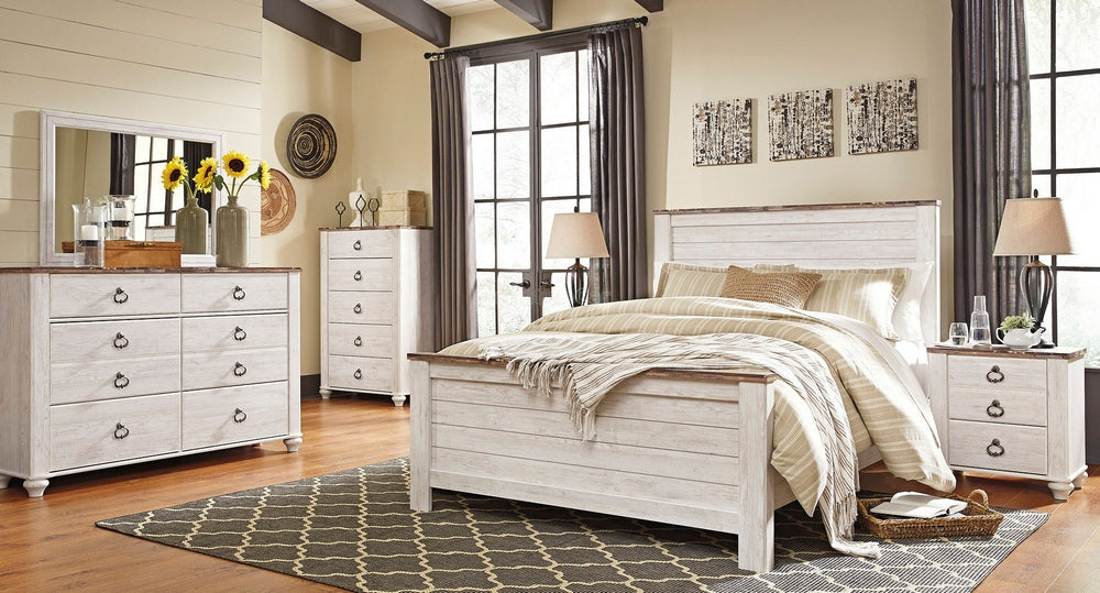 Willowton 6-Pc Whitewash Wood Queen Panel Bedroom Set