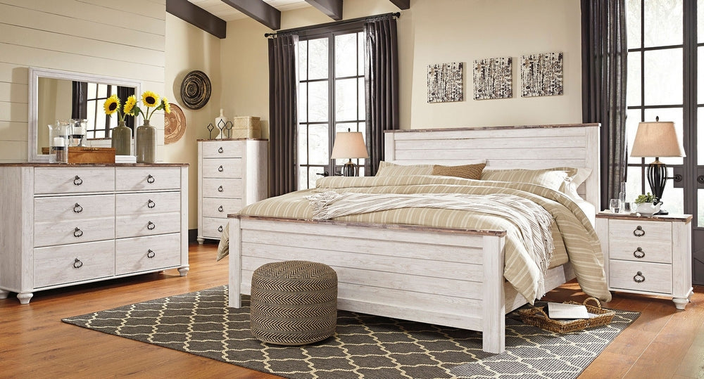 Willowton 6-Pc Whitewash Wood King Panel Bedroom Set