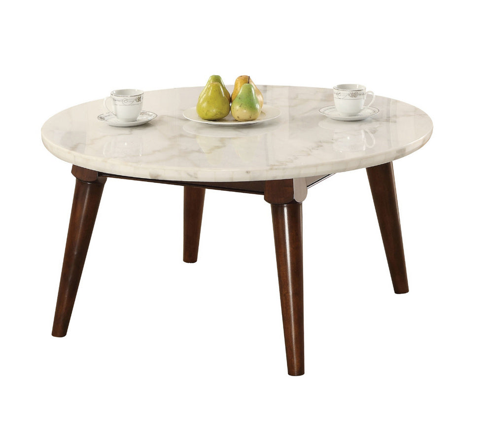 Gasha White/Walnut Marble/Wood Round Coffee Table