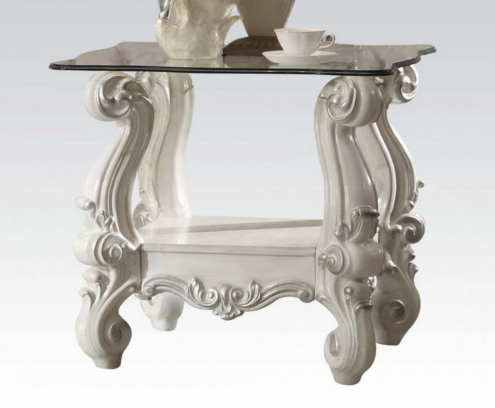 Versailles Bone White Wood End Table with Square Clear Glass Top