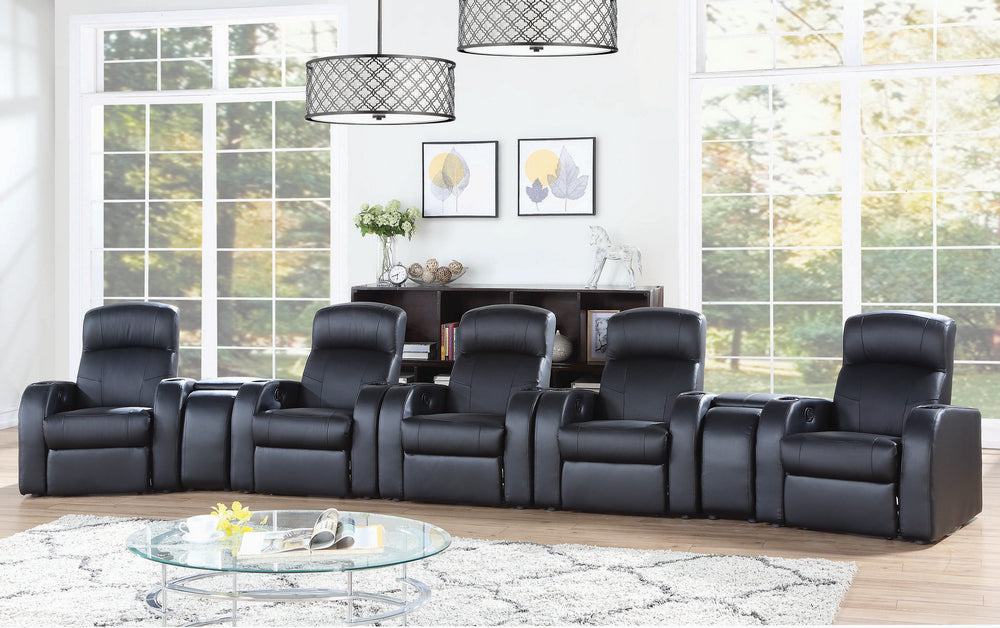 Cyrus 7-Pc Black Leather Manual Recliner Home Theater Set