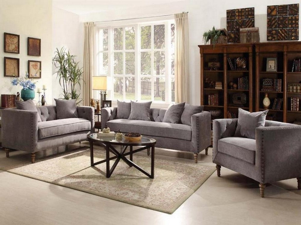 Sidonia 3-Pc Gray Velvet Sofa Set with Pillows