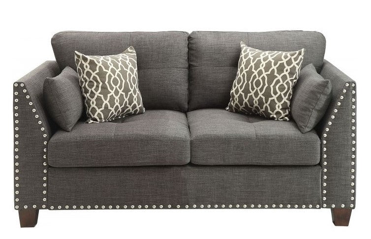 Lourissa Light Charcoal Linen Loveseat with Nailhead Trim Accents