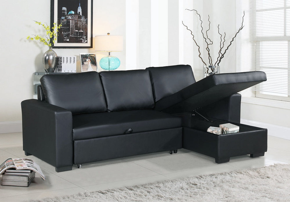 Assunta Black Faux Leather Sectional with Pull Out Bed